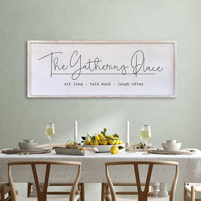 The Gathering Place Wall Decor Sign 40"x15" Large Family Dining Room Vintage Wooden Framed Country Farmhouse Simple And Rustic Hanging For Kitchen Home Wall Art Decoration (White)