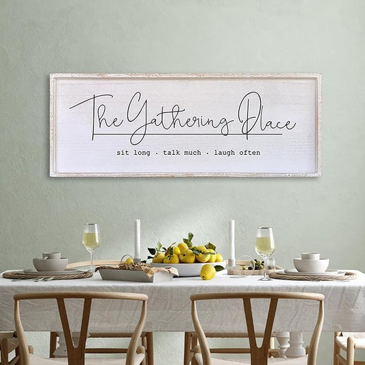 The Gathering Place Wall Decor Sign 40"x15" Large Family Dining Room Vintage Wooden Framed Country Farmhouse Simple And Rustic Hanging For Kitchen Home Wall Art Decoration (White)
