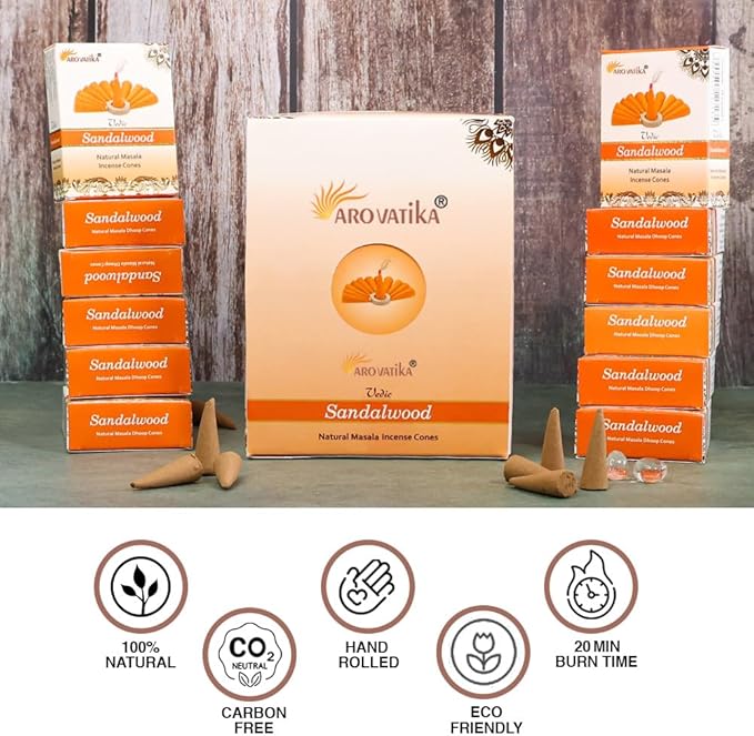 ARO VATIKA Vedic Sandalwood Natural Masala 120 Incense Cones in Pack of 12 Boxes |12 Assorted Fragrances Dhoop Cones | Best for Prayer, Reiki, Meditation and Relaxation | Burn time- 25 Mins