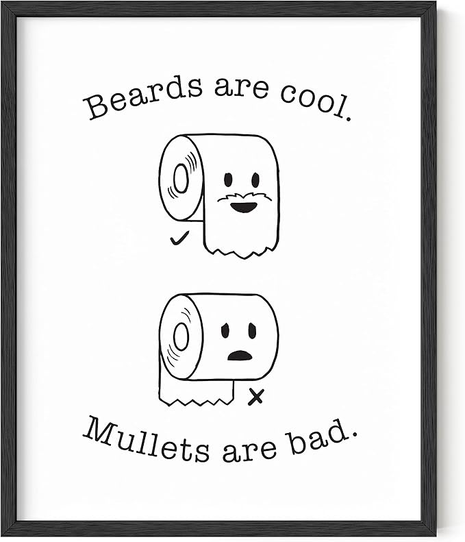 HAUS AND HUES Funny Bathroom Decor – Beard and Mullet Artwork, Humorous Restroom Design, Playful Washroom Poster (16x20, Black Frame)