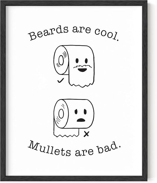 HAUS AND HUES Funny Bathroom Decor – Beard and Mullet Artwork, Humorous Restroom Design, Playful Washroom Poster (16x20, Black Frame)
