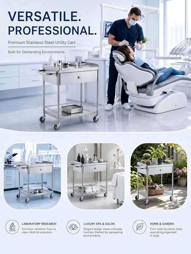 Metal Rolling Cart with 360° Silent Wheels, 220 lbs Capacity Utility Cart, 2-Tier Medical Cart with Handle & Lockable Casters for Lab, Clinic, Kitchen, BBQ Party, Salon