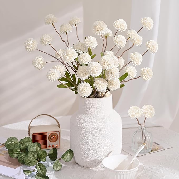 Waipfaru 10pcs Fake Silk Pompon Mum Artificial Flowers, Bulk Faux Mini Chrysanthemums, for Centerpieces Wedding Fillers Champagne Arrangements Shower Decorations, White