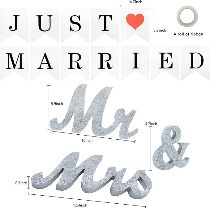 Mr Mrs Sign for Wedding Table, Mr and Mrs Wooden Letters, Mister & Miss Wedding Decoration Items, Head Table Wood Letter, Anniversary Party Valentine's Day Vintage Decor (Silver W/banner)