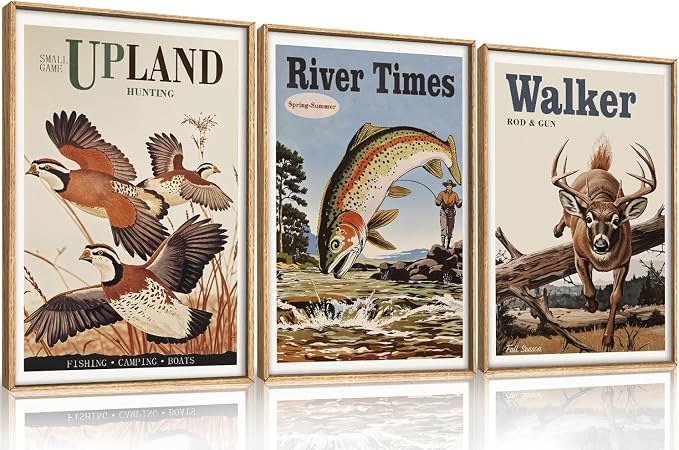 LHIUEM Vintage Hunting Framed Canvas Wall Art,Retro Deer Wild Birds Fishing Wall Decor,Nature Wilderness Posters Artwork for Living Room,Bedroom,Dining Room,Farmhouse -24"x36"x3