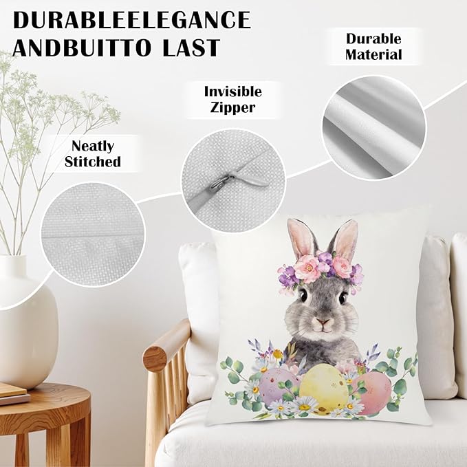 Happy Easter Pillow Covers Daisy Floral Colorful Easter Eggs Pillow Cases 20x20 Set of 2 Lovely Bunny Throw Pillow Covers Spring Farmhouse Cushion Cases for Couch Sofa