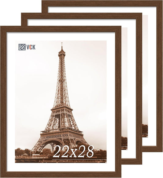 VCK 22x28 Picture Frame 3 Pack, Brown Wood Poster Frame with Exclusive Wood Grain, Wall Mounting Hanging