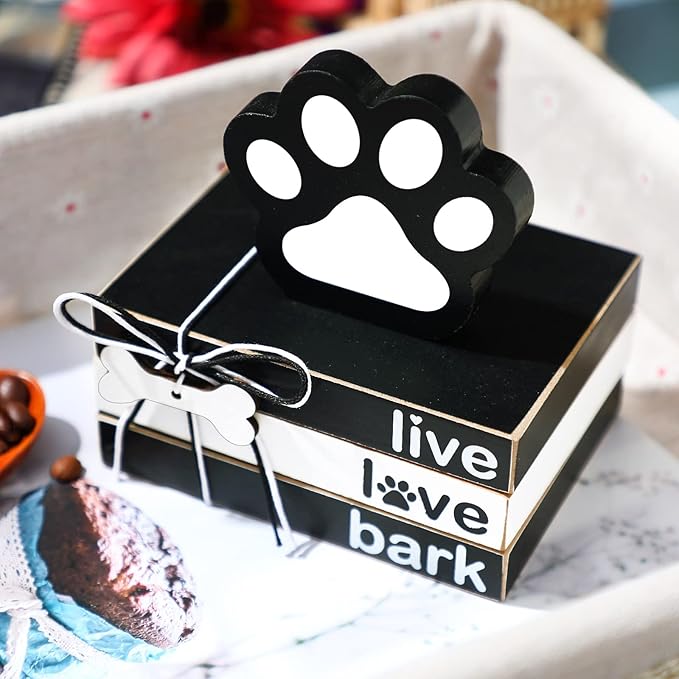 Pinkunn 4 Pieces Wooden Decor Dog Lovers Gifts, Paw Tiered Tray Decor for Table Mini Wood Book Stacks Centerpiece Block Signs for Party Home Room Kitchen Dining Table Shelf Decoration