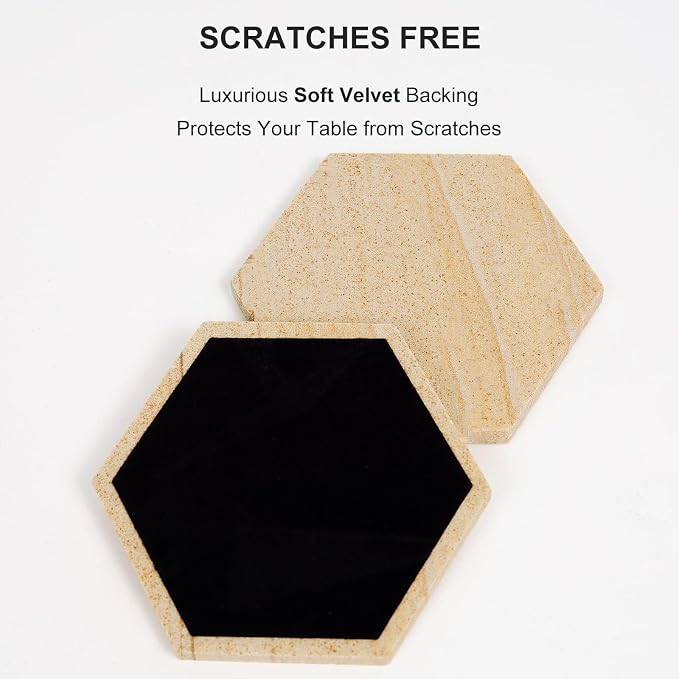 Hexagonal Sandstone Coasters Set of 6 with Holder, Absorbent Stone Coasters with Soft Backing for Table Protection, Farmhouse Rustic Sandstone Coaster for Coffee Table Desk Patio Home Decor