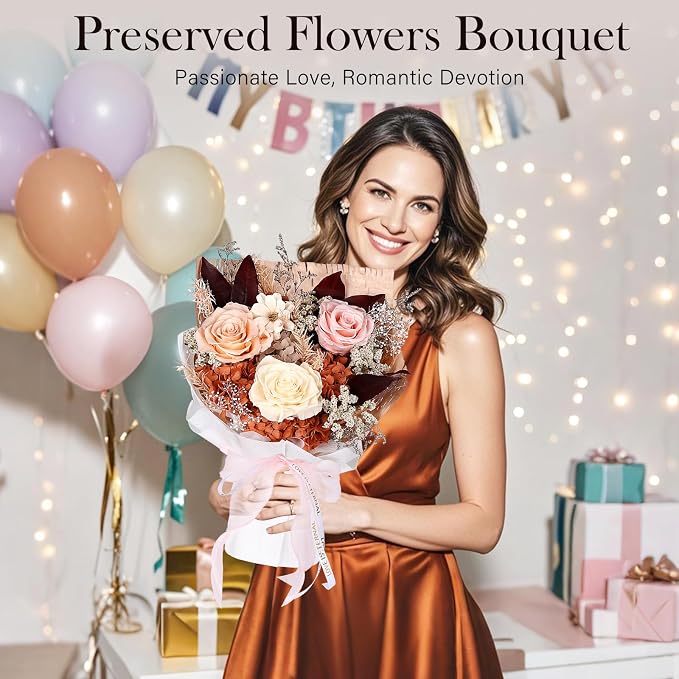 Preserved Bouquet of Flowers - Forever Flowers for Delivery, Real Eternal Roses, Mothers Day Gifts for Mom Grandma Wife, Anniversary Birthday Gifts for Women, Champagne