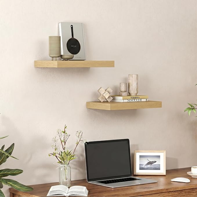 Heimlove 16 inchs Floating Shelves for Wall Set of 2,Shelf for Small Bathroom,Bedroom,Living Room,Kitchen,Modern Home Decor,Rustic Farmhouse Wall Shelves with Invisible Brackets,Oak