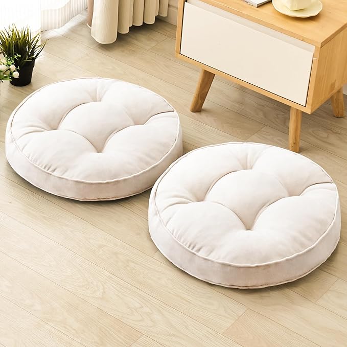 1 MIDDLE ONE Floor Pillow Set of 2, Memory Foam Floor Cushions for Adults, Large Meditation Pillow for Sitting, 22 x 22 Inches (Round | Beige)