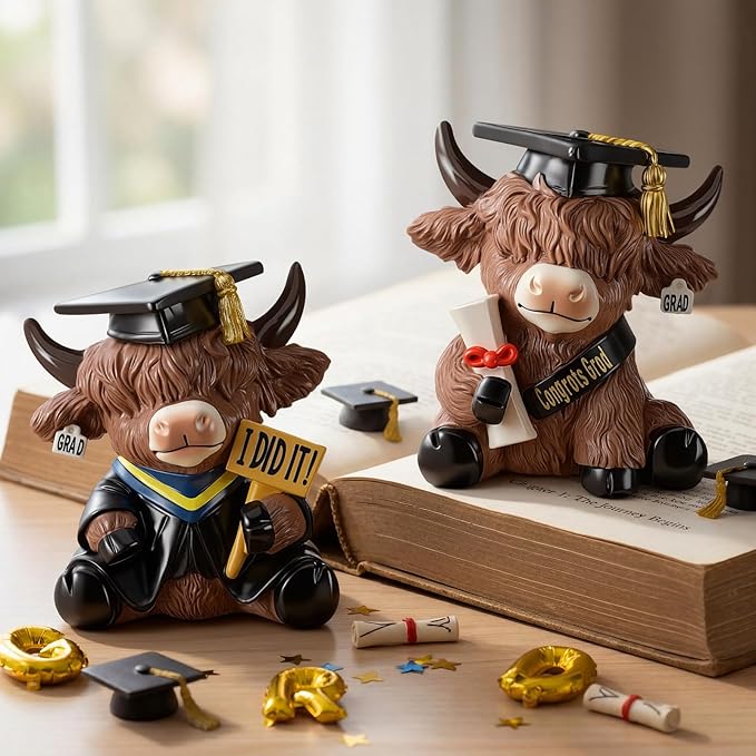 Karenhi 2 Pcs Graduation Highland Cow Figurines, Resin Congrats Grad Decorations, I Did It and Diploma Yak Collectibles for 2026 Graduation Gifts Party Table Centerpiece