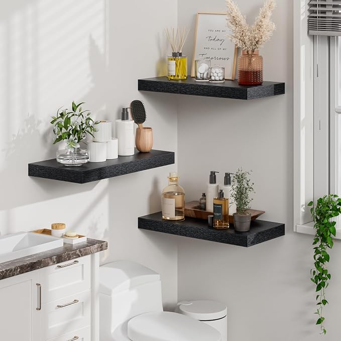 Heimlove 12inch Deep Floating Shelves for Wall, Mounted Shelves 24" W x 12" D x 1.5" H, wall Shelf for Bedroom Living Room Bathroom Kitchen Home Office, Set of 1, Black