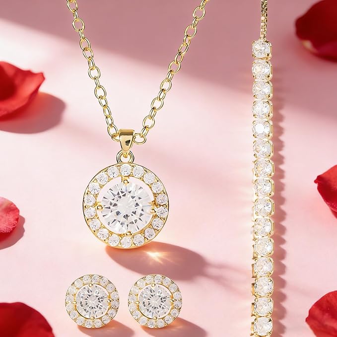 WDS WONDROUS Preserved Rose Jewelry Set for Women, 4-Piece Red Rose Gift Box with Necklace Earrings Bracelet, Valentines Day Anniversary Birthday Gift for Her Wife Girlfriend Mom