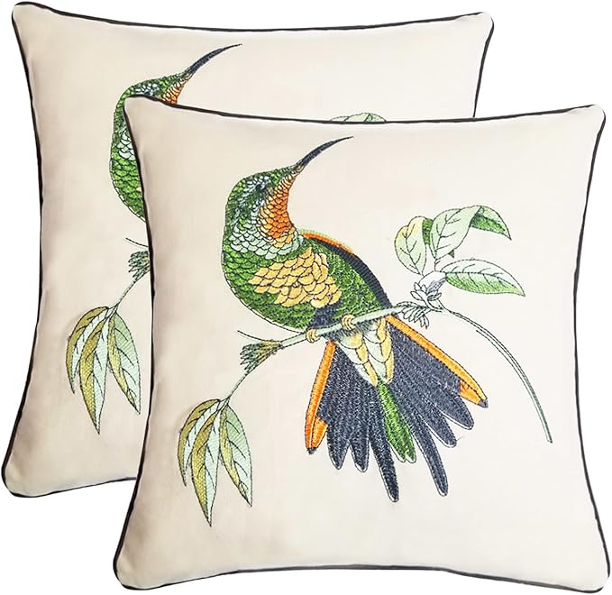 Set of 2 Embroidered Decorative Throw Pillow Covers Couch Square Pillowcases Cushion for Bedroom Sofa Farmhouse Decor 18x18 Inch (Hummingbird)