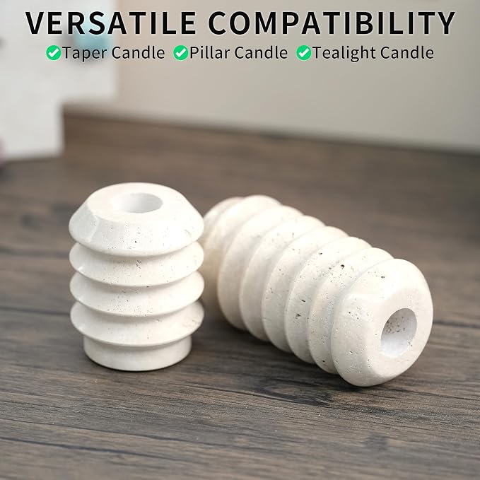 Travertine Marble Candlestick Holders - Set of 2 Stone Candle Sticks Holder Decor, Decorative Modern Candle Stands for Taper Candles