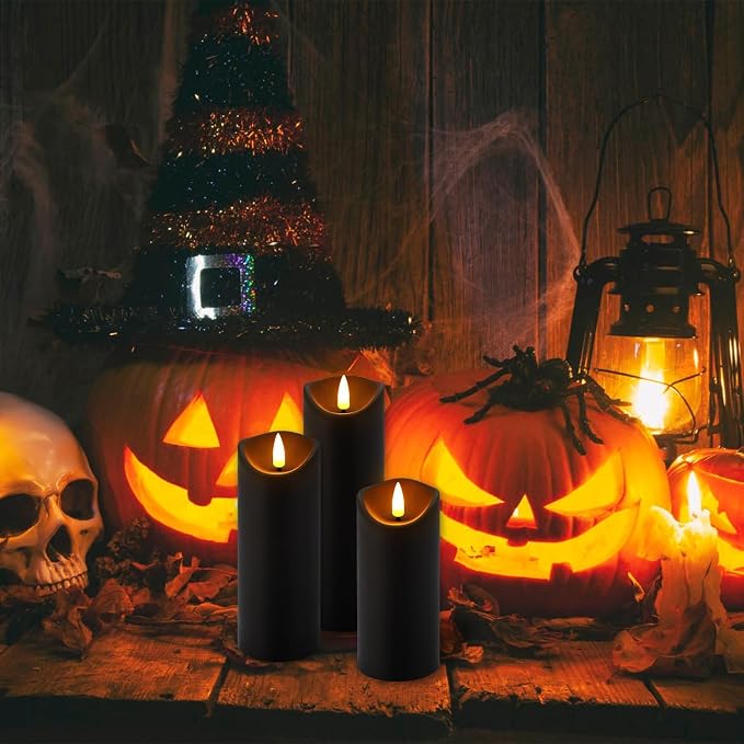 24 Pack Black Halloween Decoration Flickering Flameless Candles(D2.2 xH 5" 6" 7"), Battery Operated LED Pillar Candles with Remote Control and Timer,for Home Decor.
