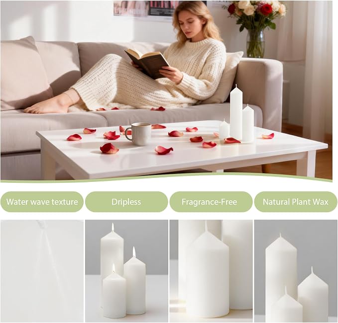 72 Pack White Pillar Candles Bulk Set, 2x3 2x4 2x6 Inch - 24 Each Size, Dripless Smokeless Clean Burning for Wedding Centerpieces, Home Decor, Church, Romantic Ambiance！