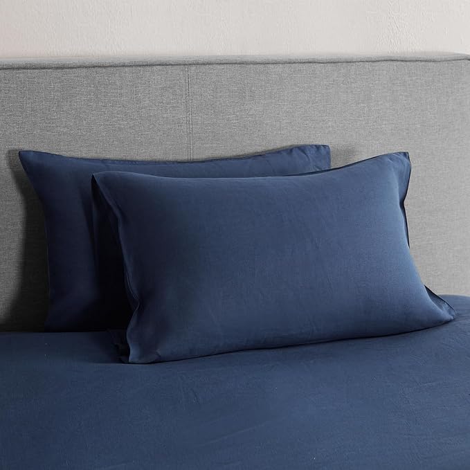 DAPU 100% Linen Pillowcases 20x30 Inches Pillow Cases (Pack of 2) with Envelope Closure, Stone Washed Breathable and Cooling (Navy Blue, Queen)