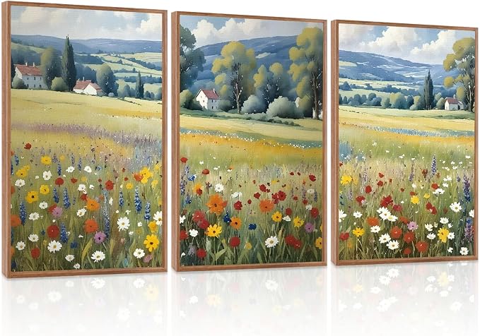 LHIUEM Vintage Wildflower Framed Canvas Wall Art,Boho Mountain Wall Decor,Rustic Floral Painting,Nature Field Landscape Artwork for Living Room,Bedroom,Dining Room,Farmhouse -16"x24"x3