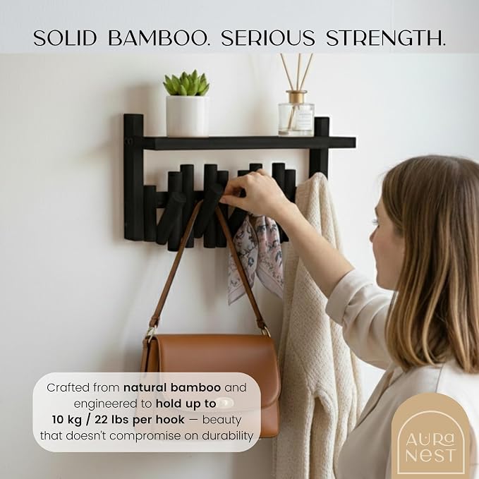 Bamboo Wall Mounted Coat Rack with Shelf Flip Down Wooden Hooks for Entryway Hallway Bedroom | Matte Black Piano Hanger, 5 Hooks, Space Saving Organizer