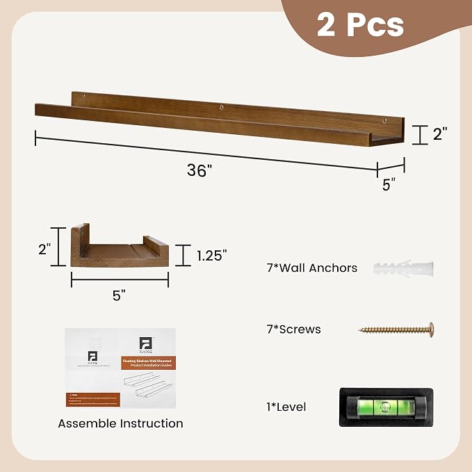 FLYJOE Picture Ledge Wall Shelves 36 inch Width Set of 2, Solid Pine Wood Rustic Floating Ledge Shelves for Wall for Kids' Room Bedroom Kitchen Bathroom Living Room Nursery Display Wall Decor, Walnut