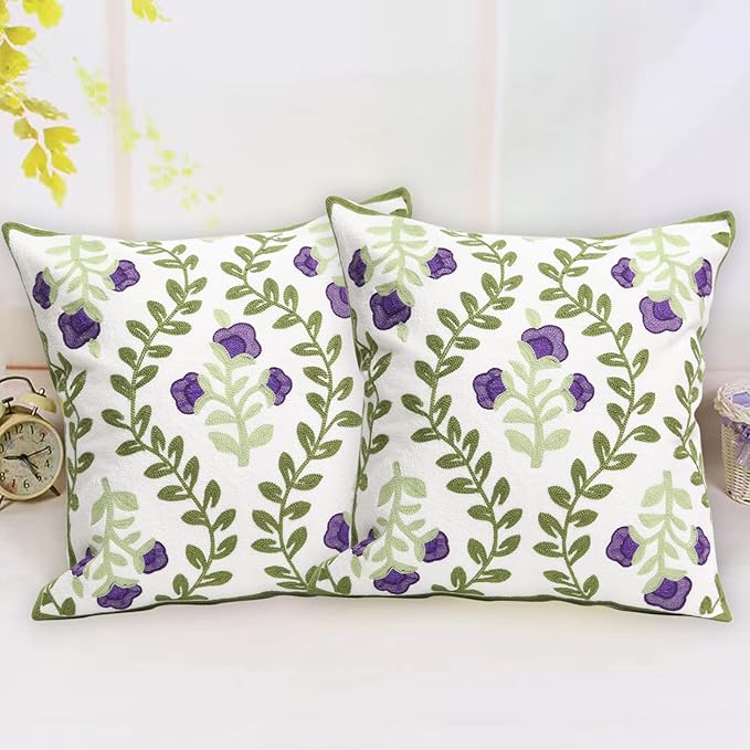 Set of 2 Embroidered Decorative Throw Pillow Covers Couch Square Pillowcases Cushion for Bedroom Sofa Farmhouse Decor 18x18 Inch (Purple Floral)
