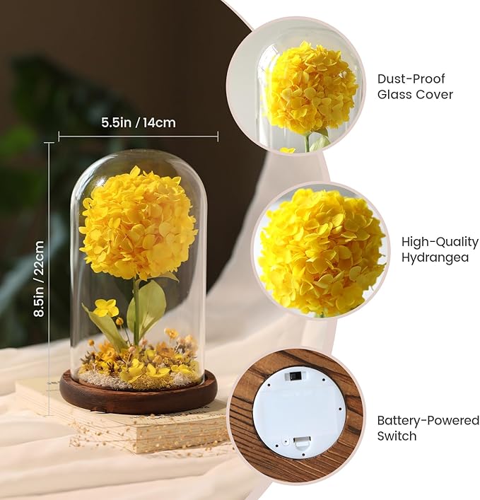 Forever Hydrangeas in Glass Dome,Forever Preserved Flowers Gifts Mothers Day Birthday for Grandma Women Mom Wife,Fresh Flowers for Delivery/Yellow Hydrangea