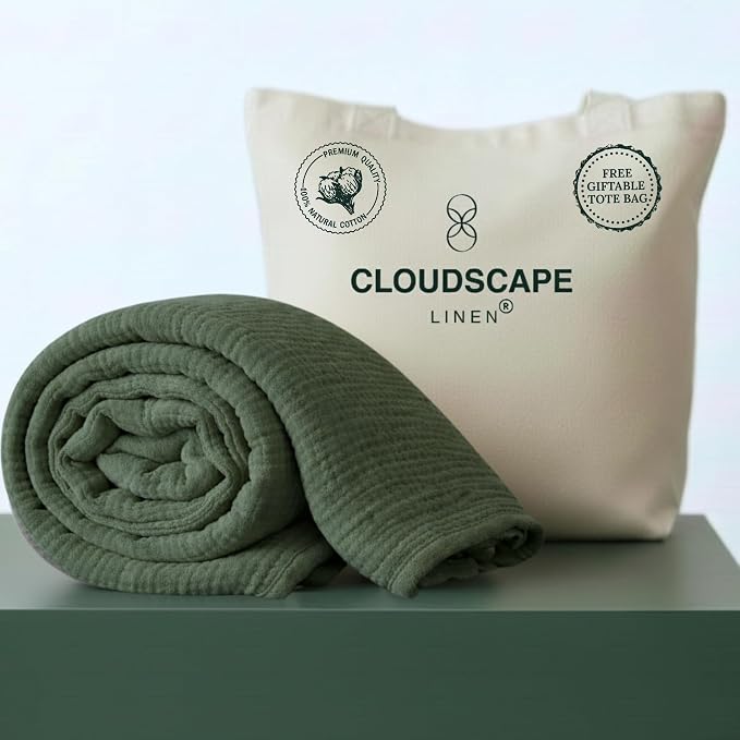 CLOUDSCAPE 4 Layer Muslin Blanket for Adults - 100% Cotton Throw Blanket - 50"x70" Oversized Gauze Throw for Sofa, Couch - Soft Lightweight Breathable Muslin Cotton Throws for Summer- Olive Green