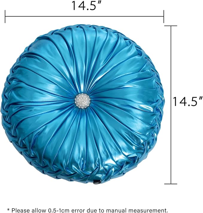 HIG Set of 2 Handcrafted Blue Ruched Round Throw Pillows – 14.5’’ Metallic Leather Decorative Pillows with Soft Polyester Filling for Couch, Bed, Living Room, Bedroom, or Dorm
