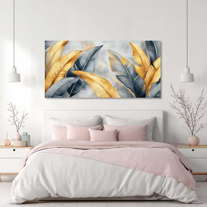 Ggaafet Gold Leaves Wall Art for Living Room Canvas Painting Prints Botanical Boho Abstract Gray Leaf Art Deco Modern Artwork Office Bedroom Family Dining Room Decor Large