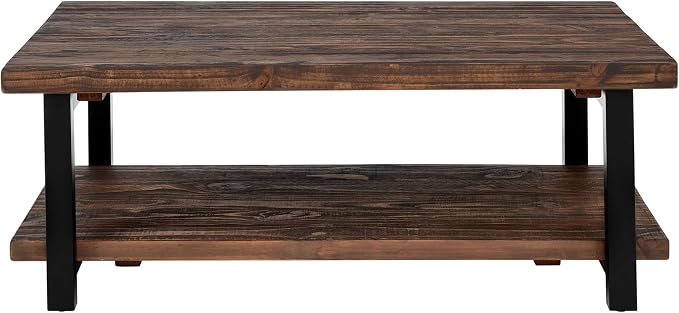 Alaterre Furniture Pomona Solid Wood Coffee Table, Rustic Brown, 48” | Large Rectangular Center Table with Storage Shelf and Metal Legs, Rustic Industrial Farmhouse Living Room Table