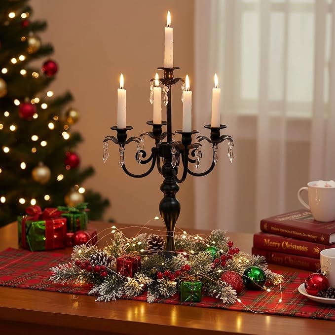 2Pcs Candelabras Centerpieces for Tables, 20" Tall Candlestick Holder for Taper Candles, 5 Arm Crystal Candelabra Candle Holder for Wedding Centerpiece Decor Party Event Reception Decoration (Black)