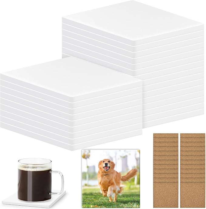24 PCS Sublimation Coasters Blanks Ceramic Tiles Bulk 4x4 White Unglazed Glazed Ceramic Tiles for Crafts with 24 Cork Sticker Back, Square Coasters Sublimation for Heat Transfer DIY Painting