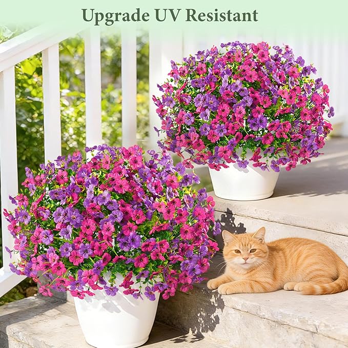 Yastouay 24 Bundles Artificial Flowers for Outdoors, UV Resistant Artificial Outdoor Flowers No Fade Fake Outdoor Flowers Plants for Garden Porch Window Box Pot Planters Decor (Fuchsia+Rose Red)