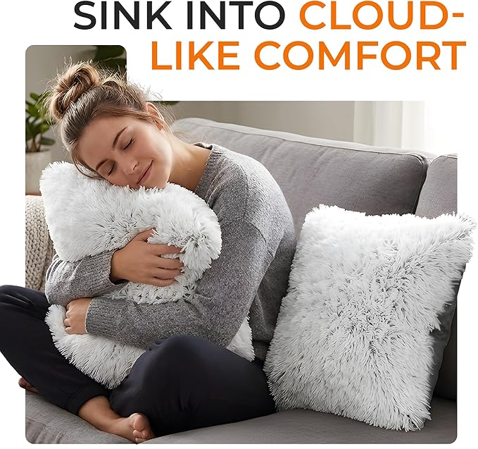 Cheer Collection Throw Pillows for Couch and Bed, Soft Shaggy Throw Pillows with Inserts Included, Cozy Long Hair Faux Fur Pillows - Set of 2-18" x 18" - Gray