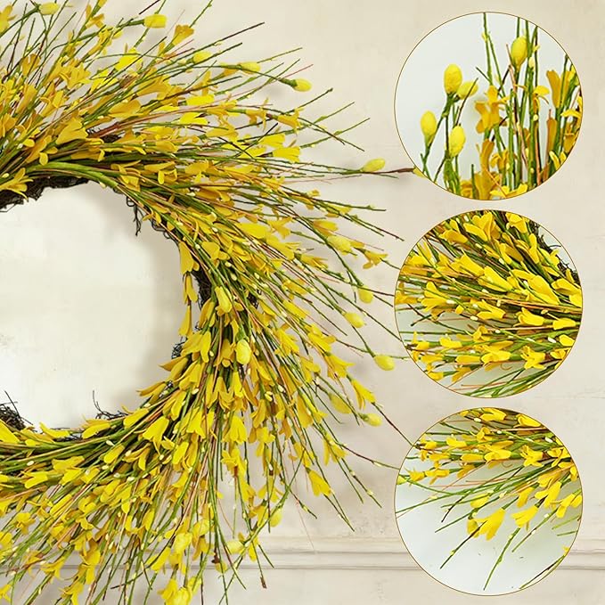 Bibelot 20inch Artificial Forsythia Flower Wreath, All Year Around Wreath for Front Door, Wedding Window Home Wall Indoor Front Door Decor (Yellow, 20in)
