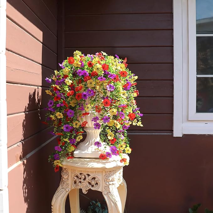 Artificial Flowers for Outdoors Spring Decor, 6 Bundles UV Resistant Realistic Faux Silk Hanging Flowers, Fake Plants for Planter Indoor Outside Garden Porch Patio Balcony Yard Farmhouse（Mix）
