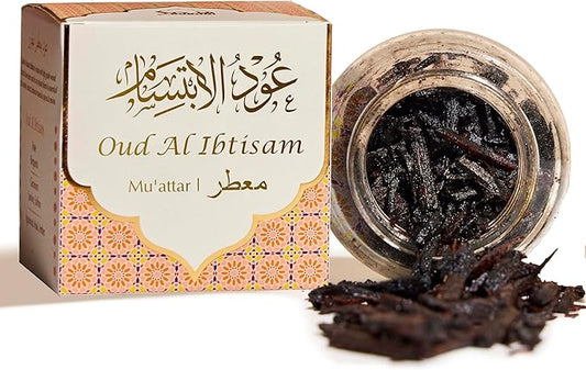 Oud Al Ibtisam Muattar Bakhoor by Dukhni | 1 jar X 40 Grams | Arabic Bakhoor Incense | Aromatic Wood Chips | Warm Floral Oud Blend | Perfect for Prayer Time | Ramadan & Eid Gifts