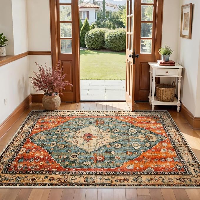 SERISSA Boho Area Rug for Entryway, 3x4 | Washable, Non-Slip, Ultra Soft Print Distressed Tribal, Low-Pile Throw Door Mat