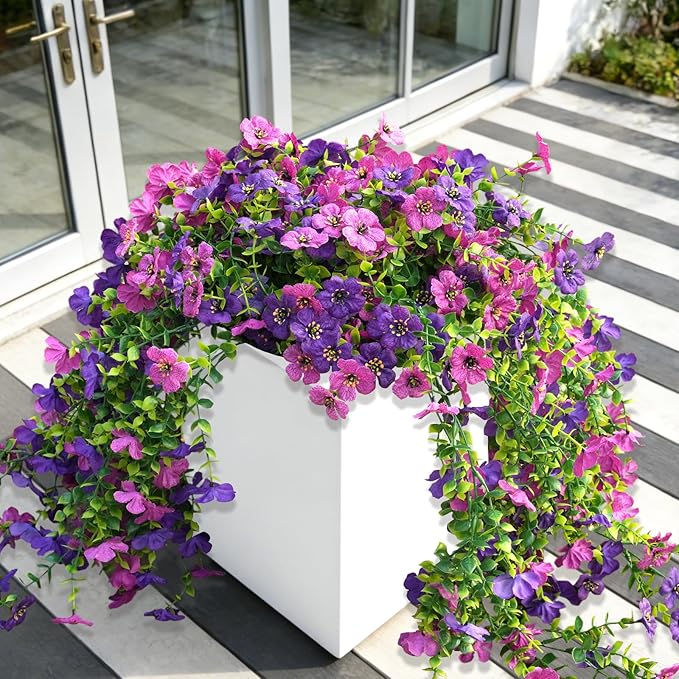 Fanfantoey 4Pcs Artificial Flowers for Outdoors, Realistic Fake Hanging Flowers Plants, UV Resistant Fake Flowers, Faux Silk Daisy Flower Vines for Planter Outside Decor(Double Purple)