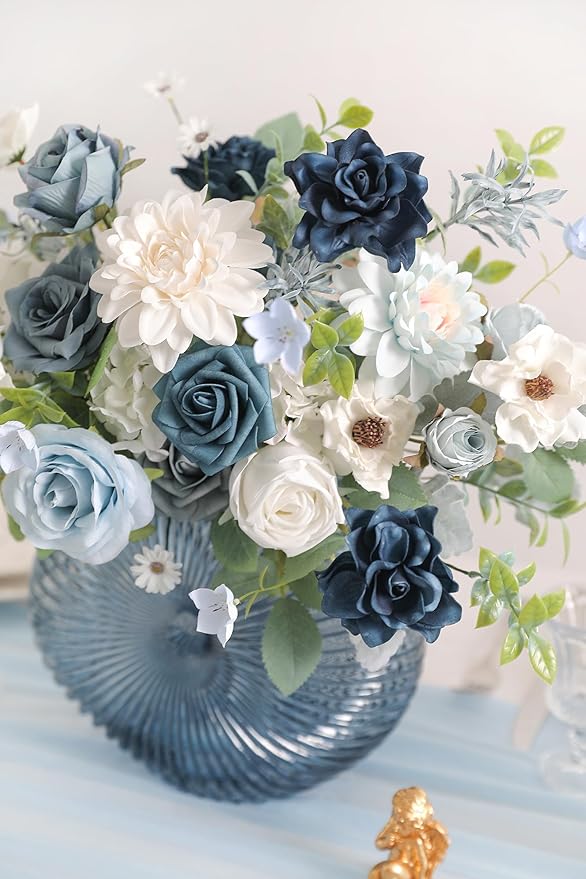 rongflower Blue Artificial Flowers Combo Box Set Silk Flowers Fake Rose for DIY Floral Arrangements Wedding Bouquets Centerpieces Baby Shower Party Home Decorations