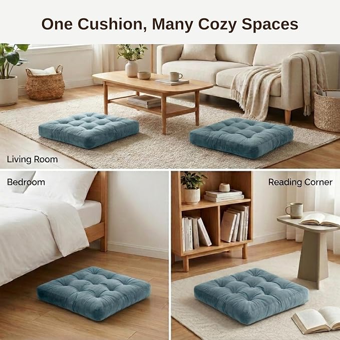 Floor Pillow for Adults, Soft Velvet Floor Cushion for Sitting, Single Square Tufted Floor Pillow for Reading Nook, Living Room, Bedroom, 22 x 22 Inch, Blue