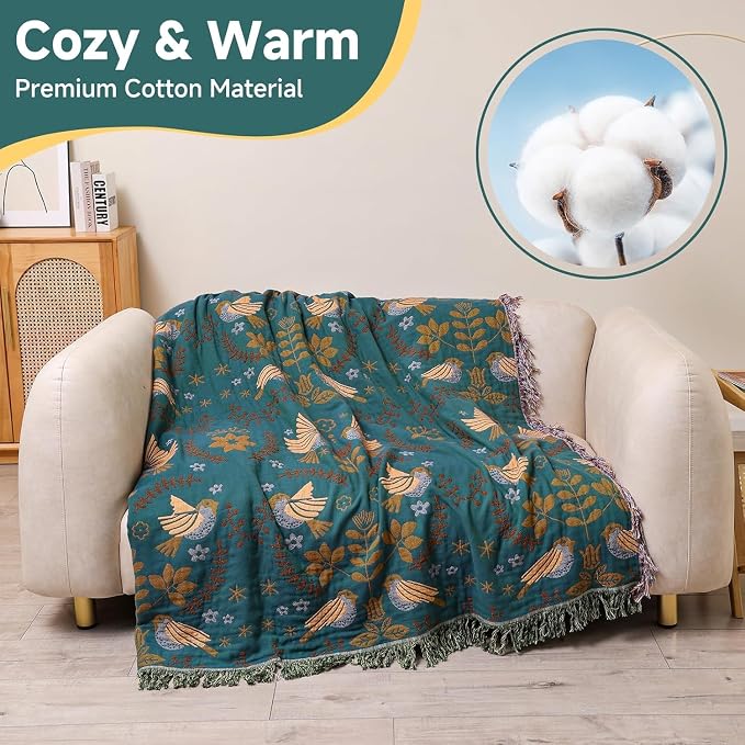100% Cotton Boho Throw Blanket for Couch 4-Layer Gauze Ultra Soft Breathable Rustic Quilt 50" x 60" Birds and Floral Muslin Summer Blanket for Sofa Chair Bed Home Decor,Teal