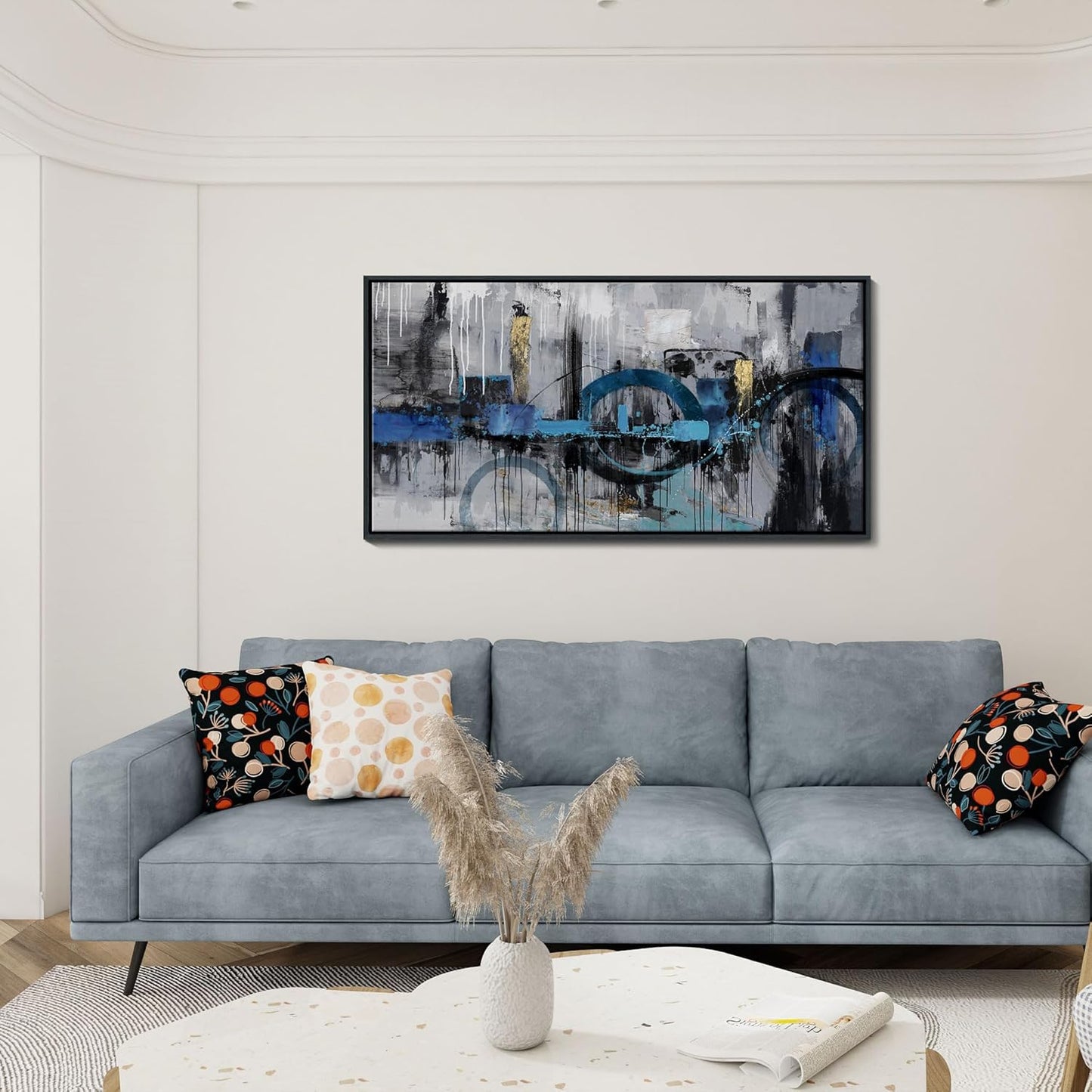 KLAKLA Blue and Gray Abstract Canvas Wall Art - Lnk Style Gold City Scenes Wall Decor Living Room Bedroom Decoration Black Frame Picture Artwork for Wall Modern Landscape Wall Decor