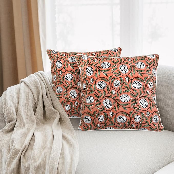Ridhi Block Print Dark Salmon Pink Pillow Cover 18" x 18" (Pack of 2) Decorative Couch Pillows for Living Room, Chic Boho Cute Outdoor Pillows Covers Gifts for Spring, Easter and Valentine