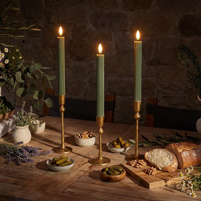 12 Pack, 10" LED Flameless Real Wax Sage Olive Loden Green Fluted Ribbed Grooved Taper Candles, Remote & 24h Timer Memory, On/Off Button, Dimmable, Flicker Mode, Battery Operated, Wedding
