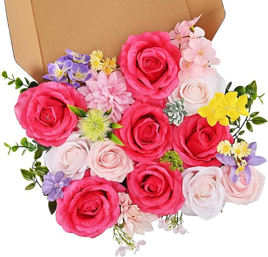 Artificial Flowers Combo Box, 30PCS Fake Flowers, Silk Flower Mix with Wire Stem, DIY Wedding Bridal Bouquet for Arrangement, Shower Party Home Décor, Hot Pink & Rose Mix
