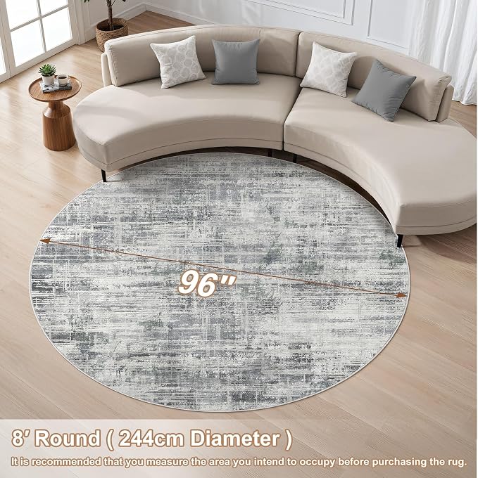 UERMEI 8ft Round Area Rug for Living Room: 8x8 Washable Neutral Abstract Modern Soft Circle Rugs Non Slip Indoor Floor Stain Resistant Carpet for Bedroom Dining Room Office Nursery Gray